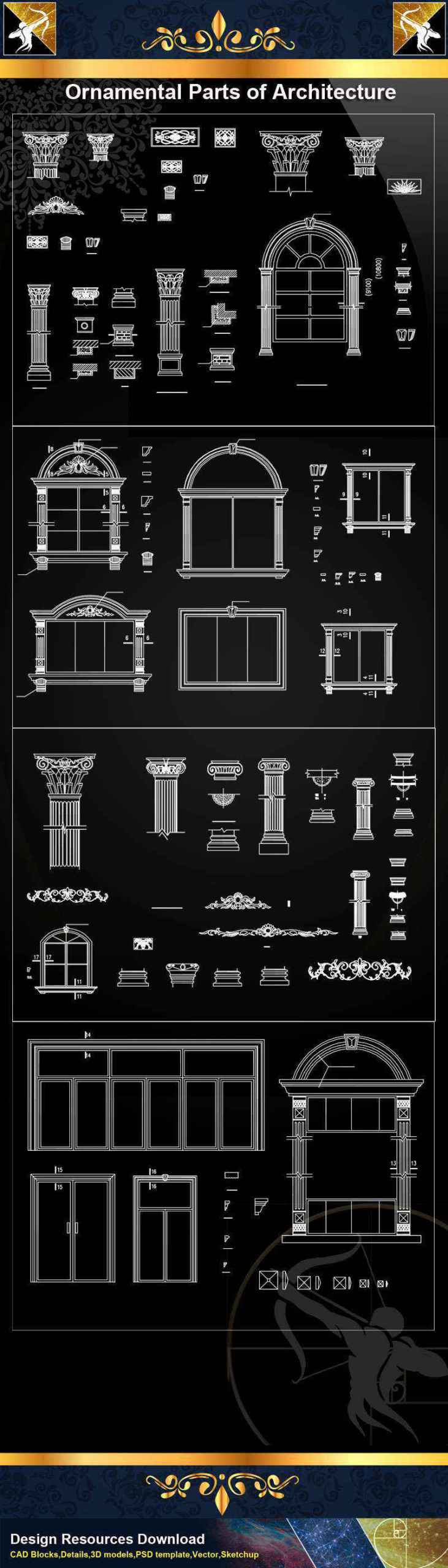 ★【Ornamental Parts of Architecture -Decoration Element CAD Blocks V.8】@Autocad Decoration Blocks,Drawings,CAD Details,Elevation - Image 2