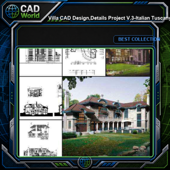 ★【Villa CAD Design,Details Project V.3-Italian Tuscany Style】Chateau,Manor,Mansion,Villa@Autocad Blocks,Drawings,CAD Details,Elevation